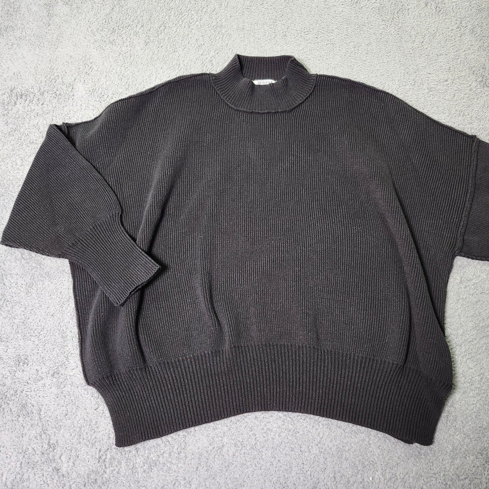 Zenana Womens Medium Sweater Black Ribbed Mock Neck Oversized Dolman Sleeve